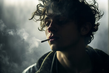 Ein rauchender junger Mann mit einer Zigarette im Mund, düstere und traurige Stimmung  - obrazy, fototapety, plakaty