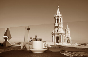 Sepia Image of Morning Coffee at the Rooftop Terrace with Basilica Cathedral of Arequipa's Bell Tower in the Backdrop, Arequipa, Peru, South America