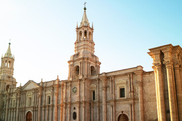 Fototapeta na wymiar Basilica Cathedral of Arequipa, the Iconic landmark on Plaza de Armas Square of Historic Centre of Arequipa, Peru, South America