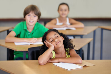Sleepy, children and bored of learning, education or books from adhd, burnout or frustrated with...