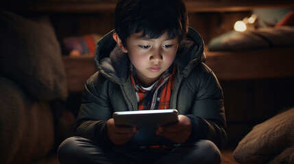 Asian kid using ipad tablet at night in the dark screen time 02