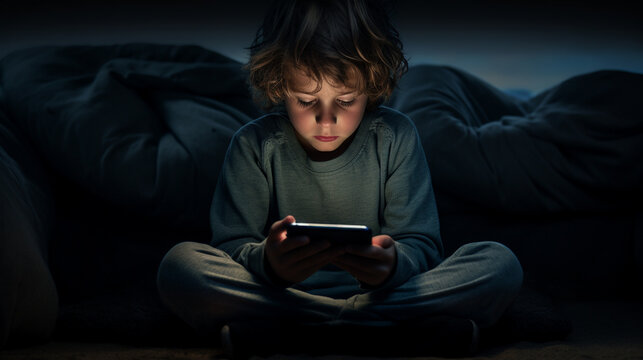sneaky kid cross-legged on the floor useing ipad tablet at night in the dark downtime