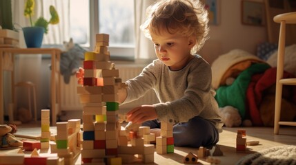 Young kid playing with wooden toys blocks at home