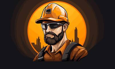 Contractor construction builder worker wearing a hard hat and sunglasses logo design illustration