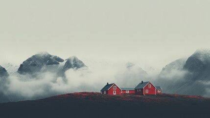 Fototapeta na wymiar photo three red houses hazy mountains