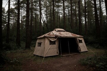 The old tourist tent is abandoned in a dark forest with sad or scary light tones.