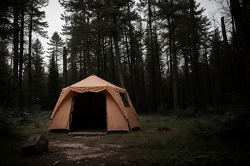 The old tourist tent is abandoned in a dark forest with sad or scary light tones.