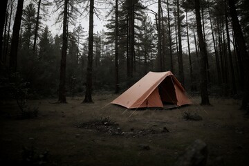 The old tourist tent is abandoned in a dark forest with sad or scary light tones.