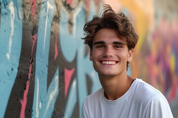 Handsome young smiling man grafitti background