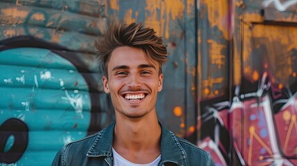 Handsome young smiling man grafitti background