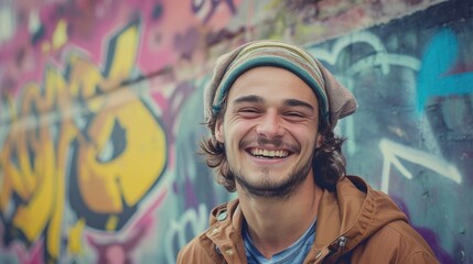 Obraz na płótnie Canvas Handsome young smiling man grafitti background
