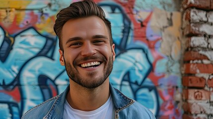 Handsome young smiling man grafitti background