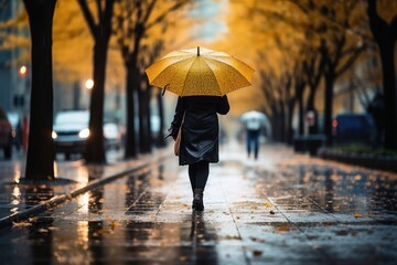 A person walks in the rain with umbrella.