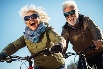 A senior couple having fun with their electric bikes.