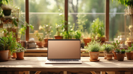 Laptop with blank screen on wooden table in cozy home garden .