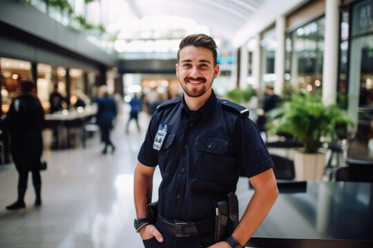 A security guard working in a shopping centre.