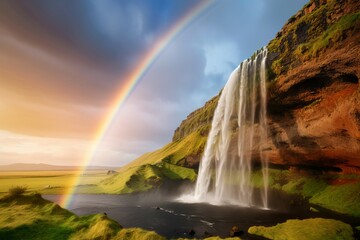 Beautiful Seljalandsfoss waterfall with rainbow. Picturesque cliff with flowing water nature landmark. Generate ai