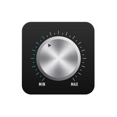 Music button technology, volume settings, volume control. Metallic round tuner, audio stereo system vector 3d isolated knob button for mobile application, website ui graphic. Vector illustration