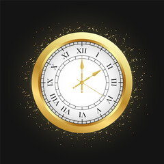 Vintage gold clock face, elegant roman numerals clock isolated on black background. Realistic classical watch with white dial. Time scale. Old fashion vintage clock. Vector illustration