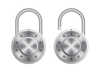3d padlock. Realistic closed and opened chrome silver lock with mechanical combination. Template padlock for protection or privacy concept. Password. Security Concept. Vector illustration
