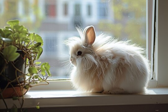 Angora rabbit perched on a windowsill its fur bathed in the gentle glow of sunlight creating a serene and cozy atmosphere in a domestic setting