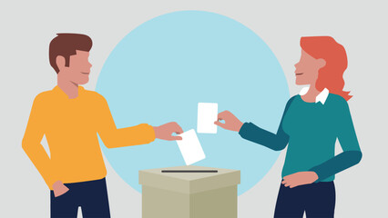Vektor-Illustration eines Mannes und einer Frau, die einen Stimmzettel in eine Wahlurne werfen und damit eine Stimme abgeben - Wahl oder soziale Umfrage Konzept