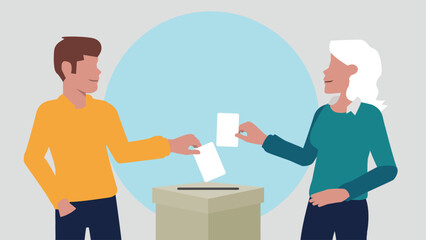 Vektor-Illustration eines Mannes und einer Frau, die einen Stimmzettel in eine Wahlurne werfen und damit eine Stimme abgeben - Wahl oder soziale Umfrage Konzept