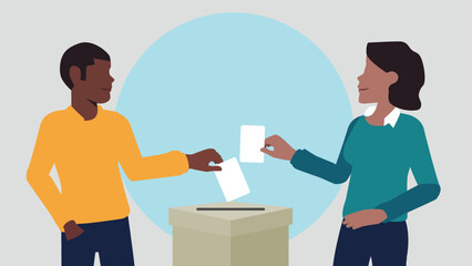Vektor-Illustration eines Mannes und einer Frau, die einen Stimmzettel in eine Wahlurne werfen und damit eine Stimme abgeben - Wahl oder soziale Umfrage Konzept