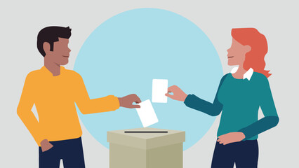 Vektor-Illustration eines Mannes und einer Frau, die einen Stimmzettel in eine Wahlurne werfen und damit eine Stimme abgeben - Wahl oder soziale Umfrage Konzept