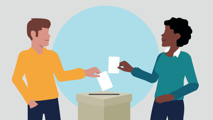 Vektor-Illustration eines Mannes und einer Frau, die einen Stimmzettel in eine Wahlurne werfen und damit eine Stimme abgeben - Wahl oder soziale Umfrage Konzept