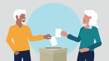 Vektor-Illustration eines Mannes und einer Frau, die einen Stimmzettel in eine Wahlurne werfen und damit eine Stimme abgeben - Wahl oder soziale Umfrage Konzept