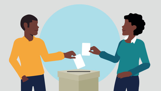 Vektor-Illustration eines Mannes und einer Frau, die einen Stimmzettel in eine Wahlurne werfen und damit eine Stimme abgeben - Wahl oder soziale Umfrage Konzept