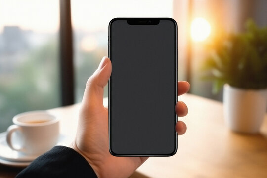 Mockup image of hand holding smartphone with blank black screen in cafe