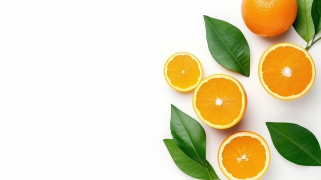 Fresh orange with leaves isolated on white background with copy space