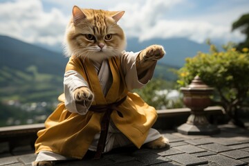 Funny cat in modern house, the house sitting on a hill in the jungle, wear long flowing yellow Chinese kung fu kimono suit