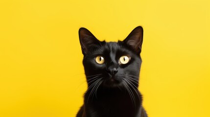 Portrait isolated black cat on yellow color background