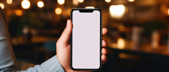 Male hand holding a phone with a white screen in a cafe. mockup