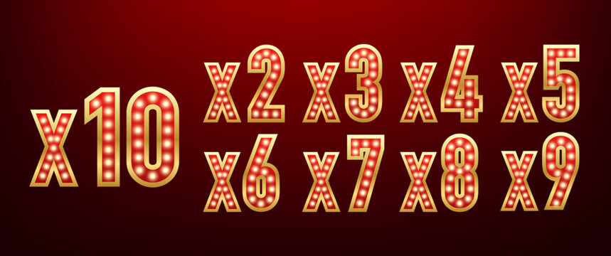 Bonus 1x, 2x, 3x, 4x, 5x, 6x, 7x, 8x, 9x, 10x prize winner, big jackpot game, casino sign set. Shining retro frame. Retro lightboxes, casino gambling. Vector illustration