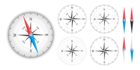 Glossy Bright Vintage Compass analog display in a metal case with wind rose. Navigation compass with a set of additional dials, compass roses and arrows. Vector illustration - obrazy, fototapety, plakaty