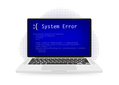 Modern laptop with system error message on blue screen. Operating system crash error message. BSOD malfunction report. Concept of diagnostics service and personal computer repair. Vector illustration