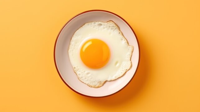 Fried egg in plate isolated on yellow background. Top view