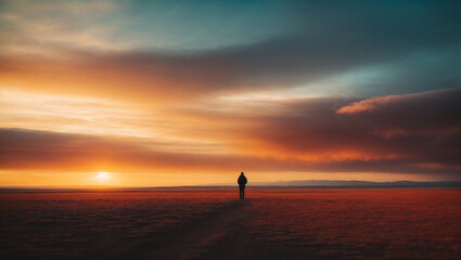 Landscape sunset, a man standing