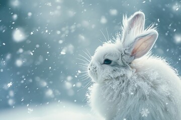 Angora rabbit surrounded by snowflakes in a winter wonderland its fluffy fur providing warmth and a striking contrast against the cold creating a magical scene