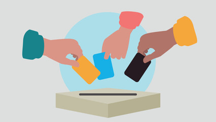 Vektor-Illustration einer Person, die einen Stimmzettel in eine Wahlurne wirft und damit eine Stimme abgibt - Wahl oder soziale Umfrage Konzept