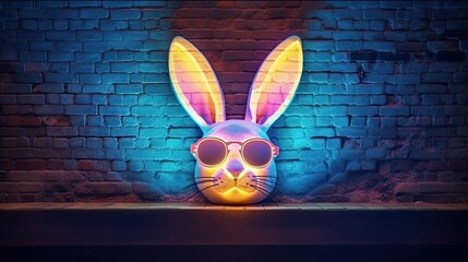 Neon sign of easter bunny on the brick wall