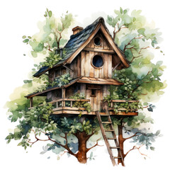 treehouse in watercolor style on a white background.drawing for printing on fabric, postcard or book. 