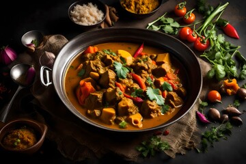 A  of simmering curry with vibrant vegetables, releasing a rich and aromatic fragrance.