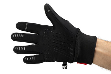 black thermal gloves on hand isolated on white background. Sport accessories for ski and...