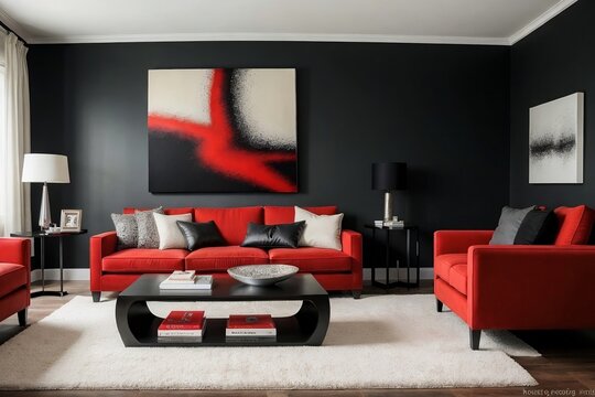 Luxury black and red living room interior with sofa, table, and painting in a perfect composition.