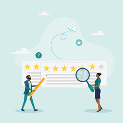 The reputation management team monitors online review ratings to improve positive ratings. Guy and girl track and analyze star ratings to improve satisfaction.
